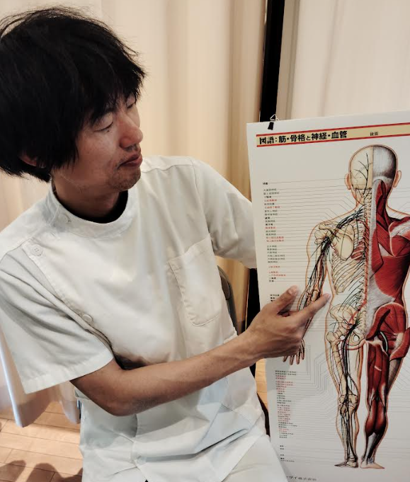 解剖図を使いながら説明している男性
